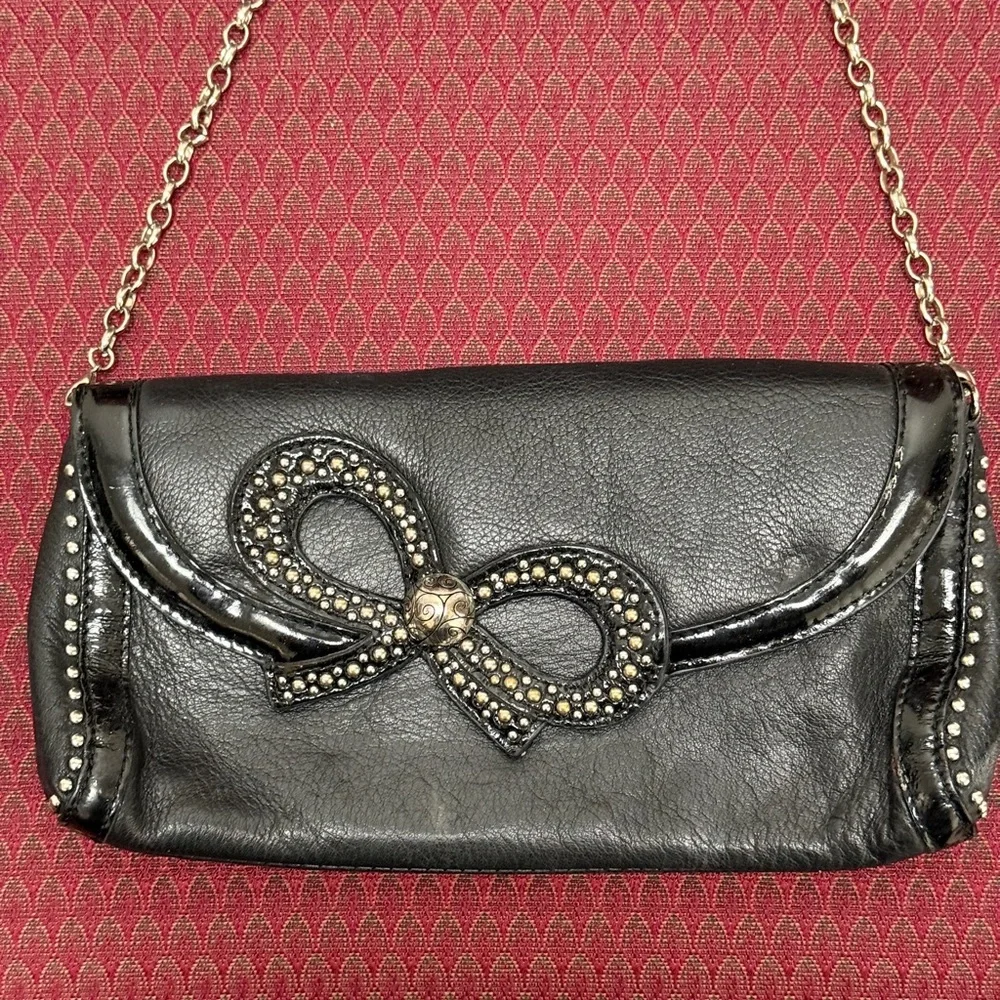 Brighton Black Leather Bow Clutch Chain Strap Studded‎ Leopard Lining Y2K